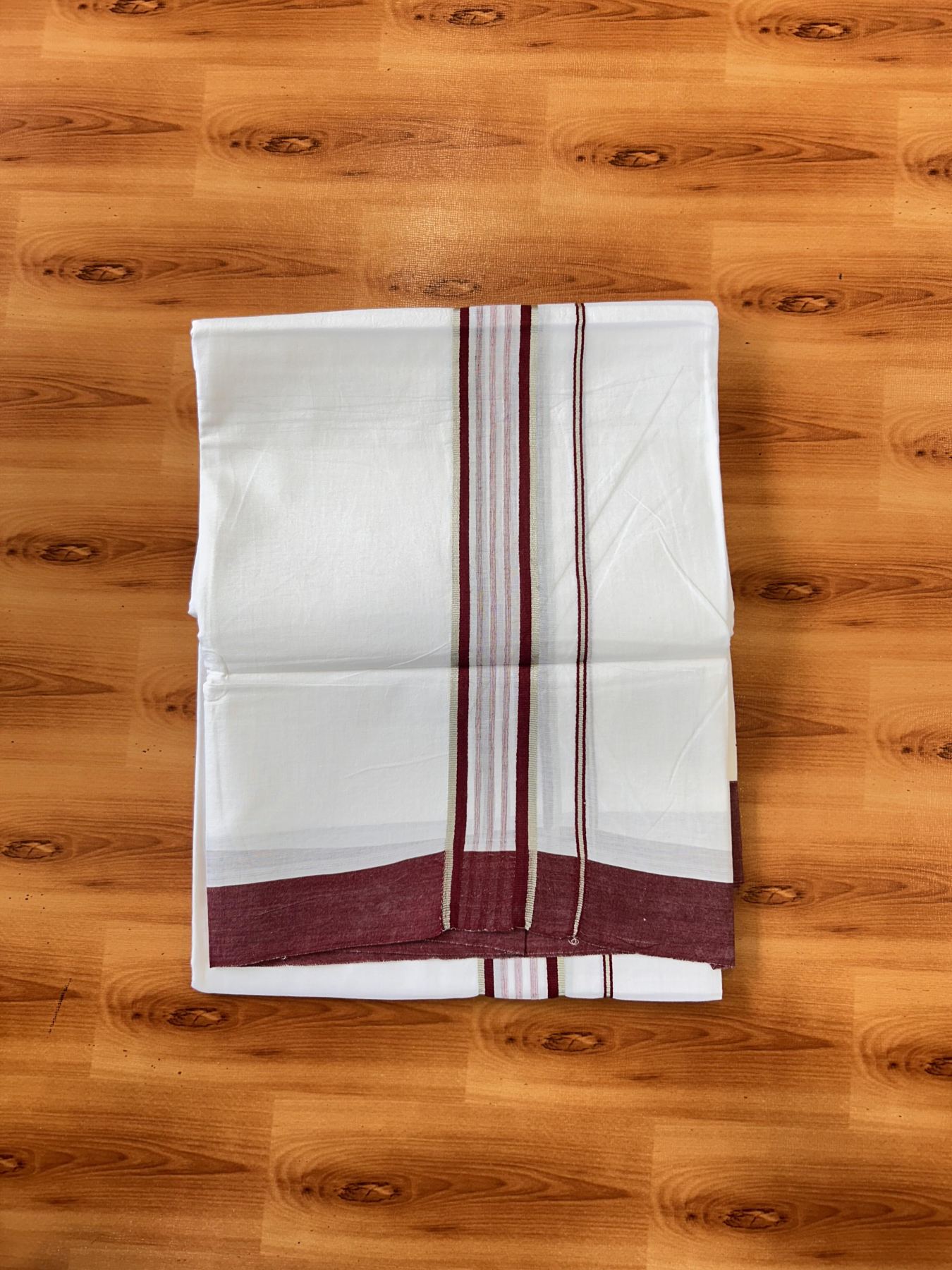 Pure White Double Mundu/Dhoti - 20% Discount ! Kaitharikada Balaramapuram 100% Cotton - 100x80 - 1.75 inch Silver Kasav & Maroon Shaded Striped Kara 3.90 m (8 muzham) - 43 KK5432 PMC