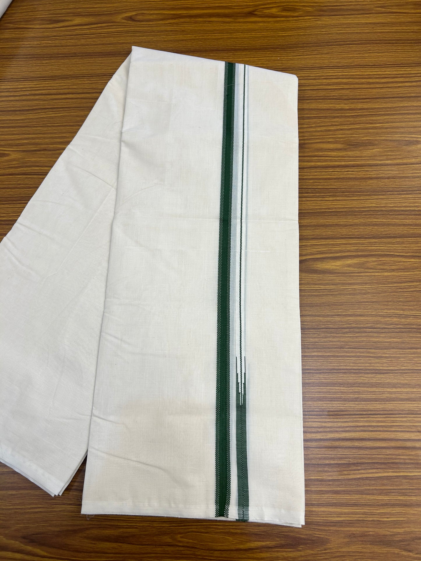 23% Discount! KaithariKada Balaramapuram 100% Cotton Double Off white Mundu/Dhoti- 100x100 - 0.75 inch Puliyilakkara Green Chutty Kara - 4 mtr (8.5 muzham) - 1 KK5374 ASH