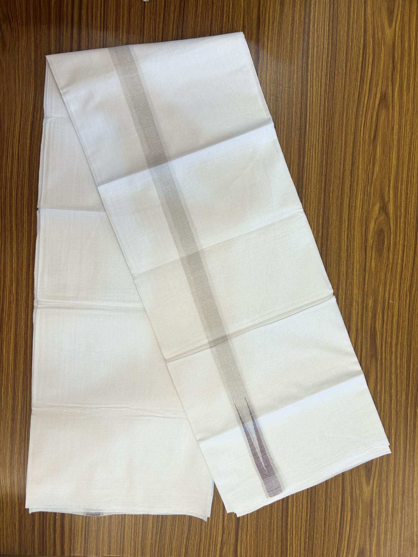 20% Discount ! Kaitharikada Balaramapuram 100% Cotton Pure White Double Mundu/Dothi - 100x80 - 1 inch Puliyilakkara Silver Kasav & Ash Violet Chutty Kara 3.90 mtr (8 muzham) - 64 KK5356 VAS