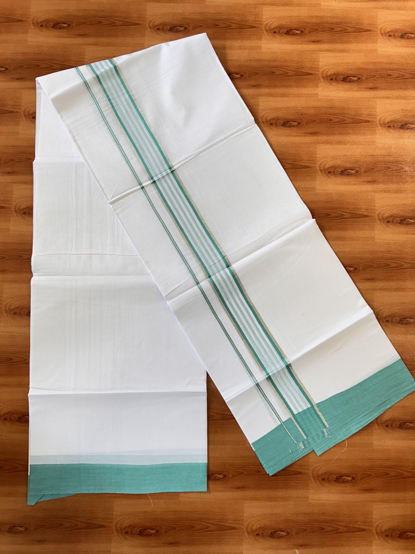 Pure White Double Mundu/Dhoti - 20% Discount ! Kaitharikada Balaramapuram 100% Cotton - 100x80 - 1.75 inch Silver Kasav & Blue Green Shaded Striped Kara 3.90 m (8 muzham) - 38 KK5432 PMC