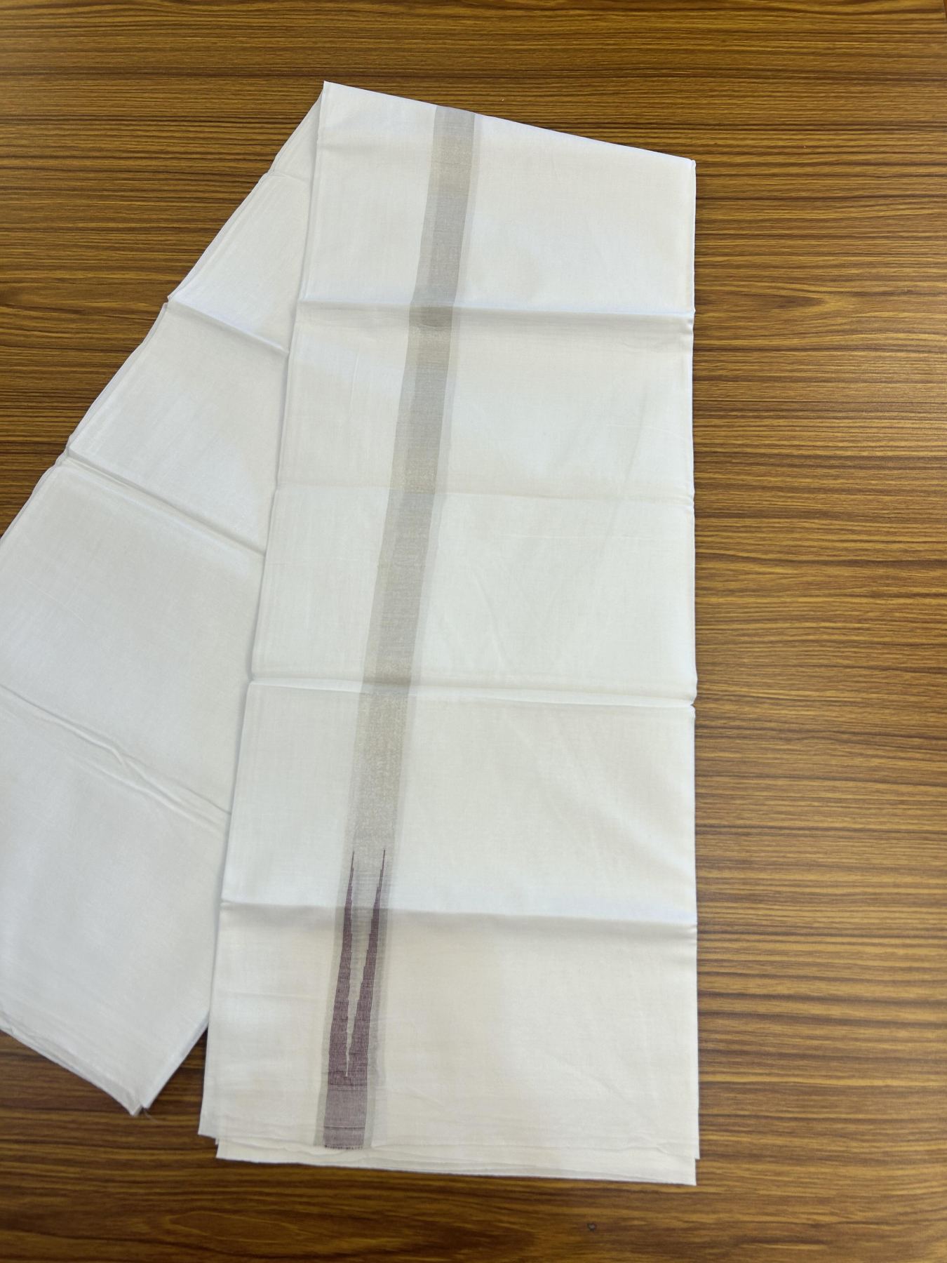 20% Discount ! Kaitharikada Balaramapuram 100% Cotton Pure White Double Mundu/Dothi - 100x80 - 1 inch Puliyilakkara Silver Kasav & Ash Violet Chutty Kara 3.90 mtr (8 muzham) - 64 KK5356 VAS