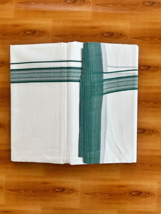 Double Pure White 25% Discount ! KaithariKada Handloom Millpaav - Kerala Handloom - 100% Pure Cotton - 80x90 - 1.25 inch Teal Green Striped Shaded Kara 3.90 mtr (8.36 Muzham) - 36 KK5496 YAR
