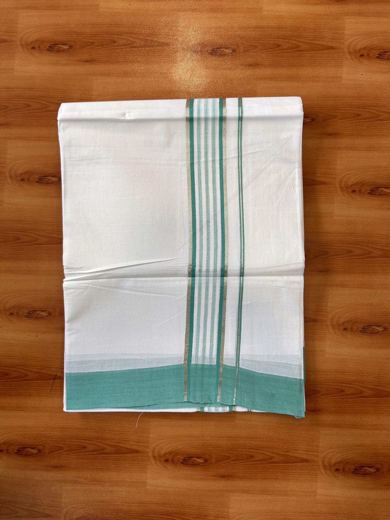 Pure White Double Mundu/Dhoti - 20% Discount ! Kaitharikada Balaramapuram 100% Cotton - 100x80 - 1.75 inch Silver Kasav & Blue Green Shaded Striped Kara 3.90 m (8 muzham) - 38 KK5432 PMC