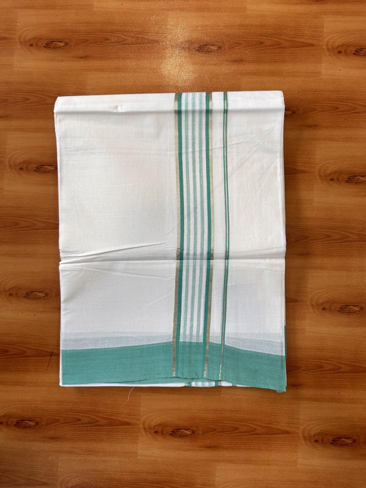 Pure White Double Mundu/Dhoti - 20% Discount ! Kaitharikada Balaramapuram 100% Cotton - 100x80 - 1.75 inch Silver Kasav & Blue Green Shaded Striped Kara 3.90 m (8 muzham) - 38 KK5432 PMC
