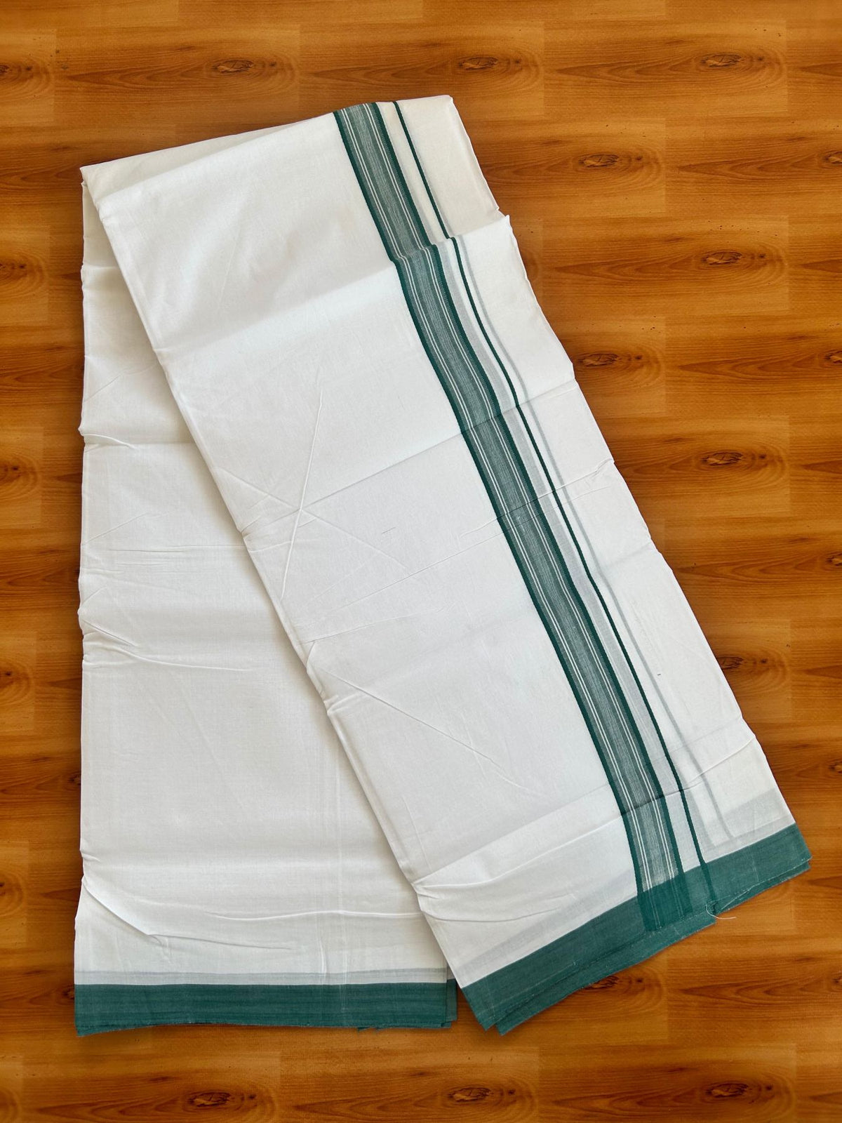 Double Pure White 25% Discount ! KaithariKada Handloom Millpaav - Kerala Handloom - 100% Pure Cotton - 80x90 - 1.25 inch Teal Green Striped Shaded Kara 3.90 mtr (8.36 Muzham) - 36 KK5496 YAR
