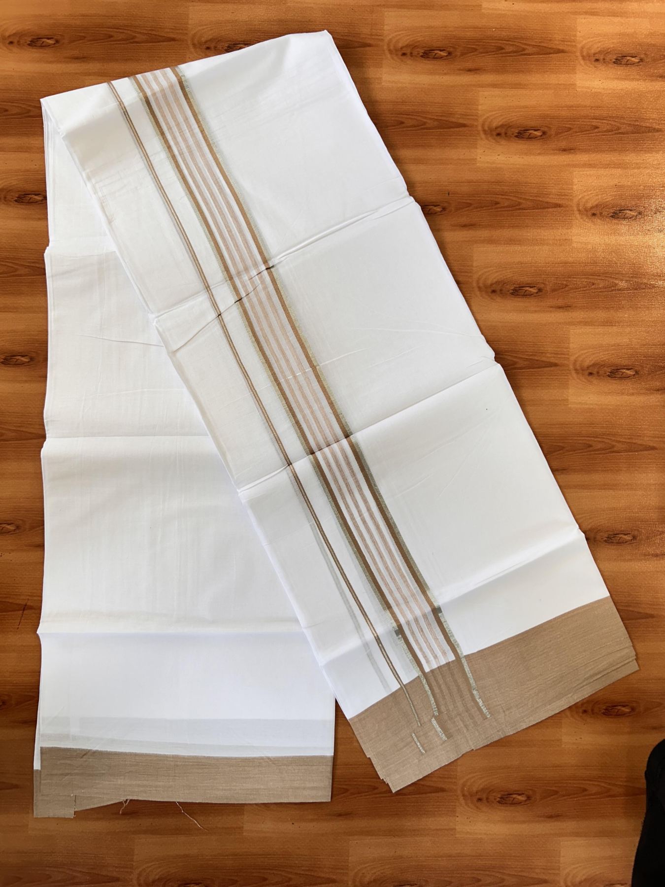 Pure White Double Mundu/Dhoti - 20% Discount ! Kaitharikada Balaramapuram 100% Cotton - 100x80 - 1.75 inch Silver Kasav & Cinnamon Brown Shaded Striped Kara 3.90 m (8 muzham) - 37 KK5432 PMC