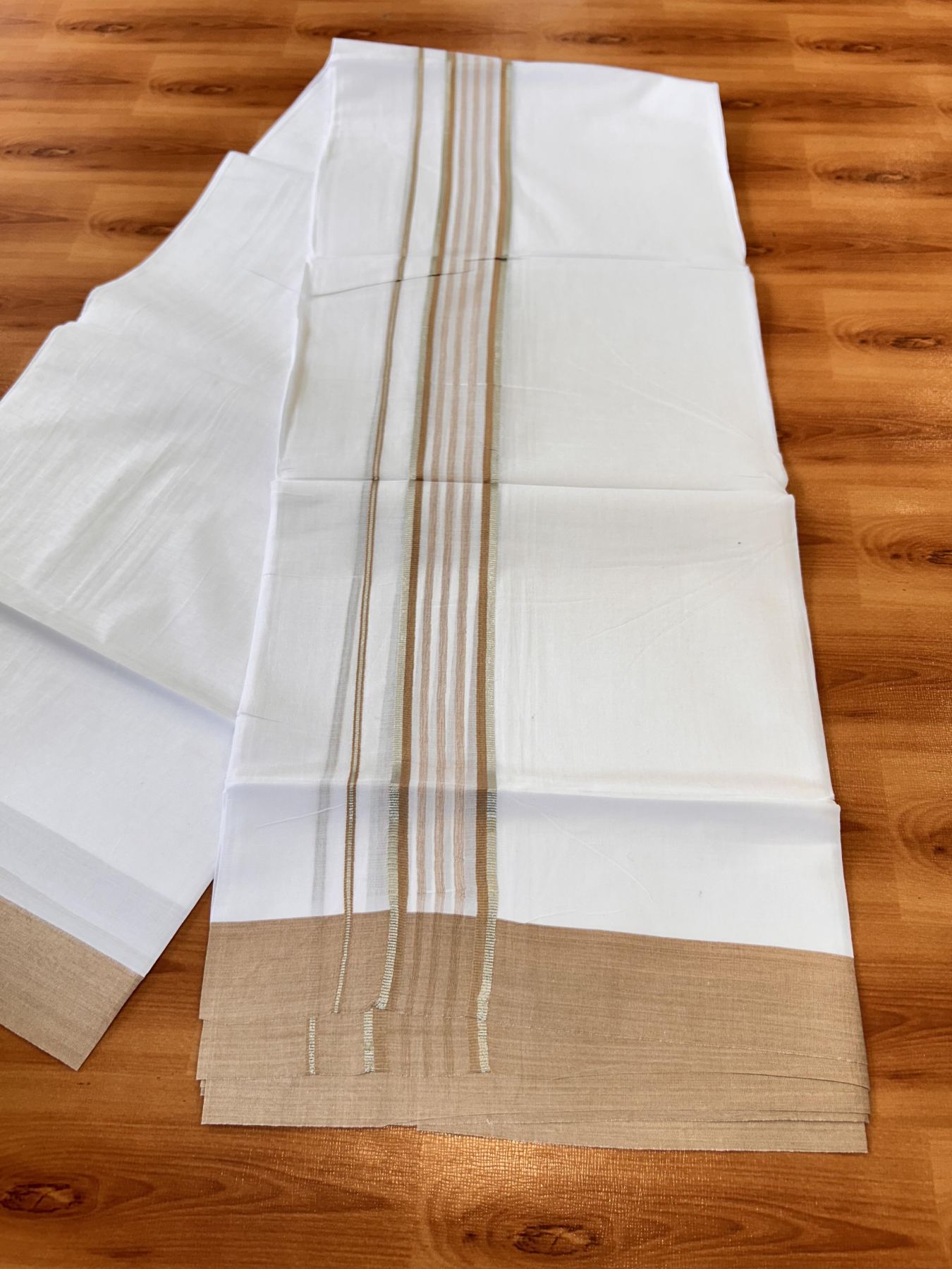 Pure White Double Mundu/Dhoti - 20% Discount ! Kaitharikada Balaramapuram 100% Cotton - 100x80 - 1.75 inch Silver Kasav & Cinnamon Brown Shaded Striped Kara 3.90 m (8 muzham) - 37 KK5432 PMC