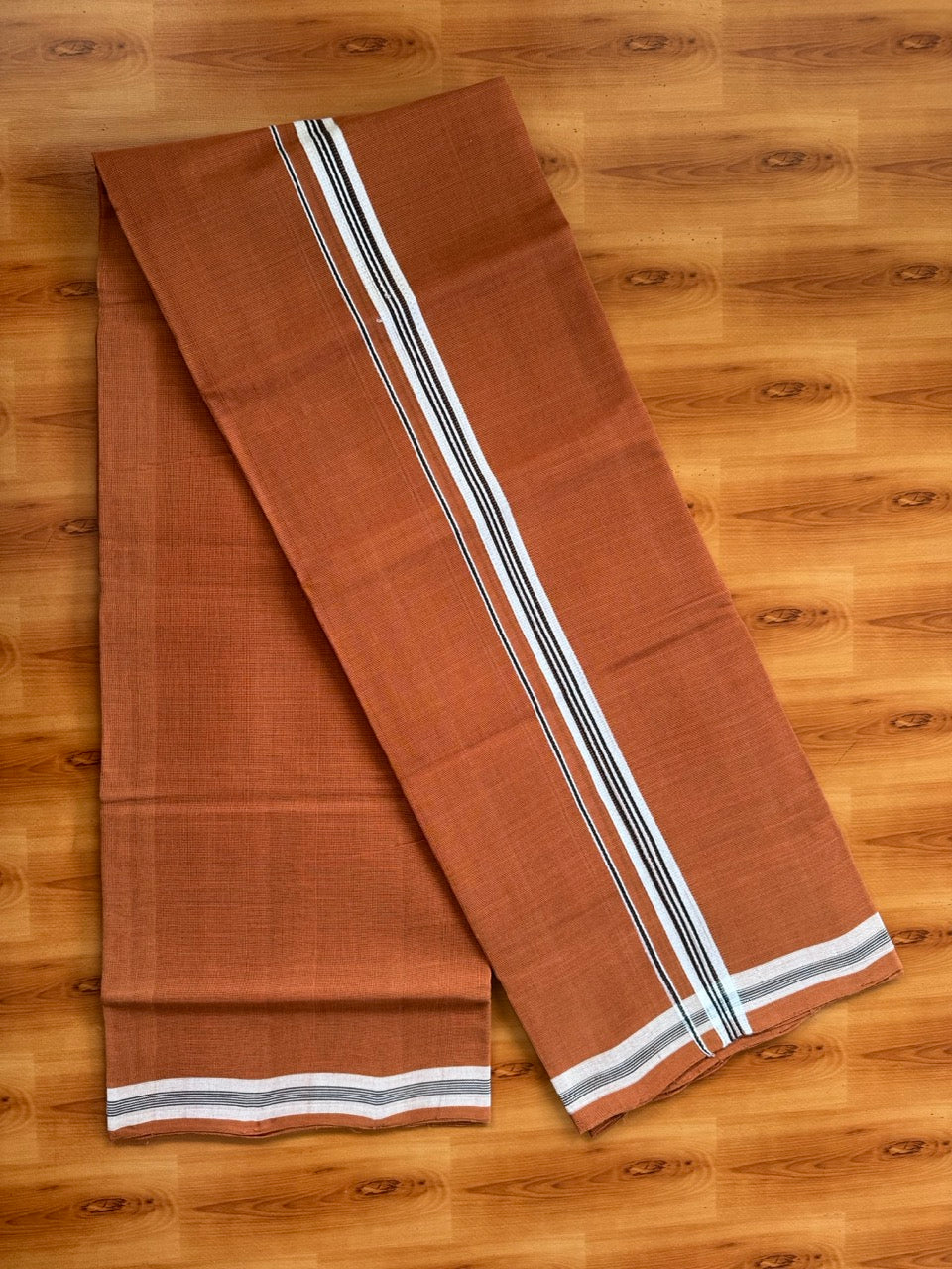 Kerala Handloom Single Kaily/Lungi - KaithariKada 100% Pure Cotton - 2/40s -1.25 Inch White & Black Stripes Kara With Kavi colour Body - (2 meter / 4 muzham) -3 KK8057 ELA