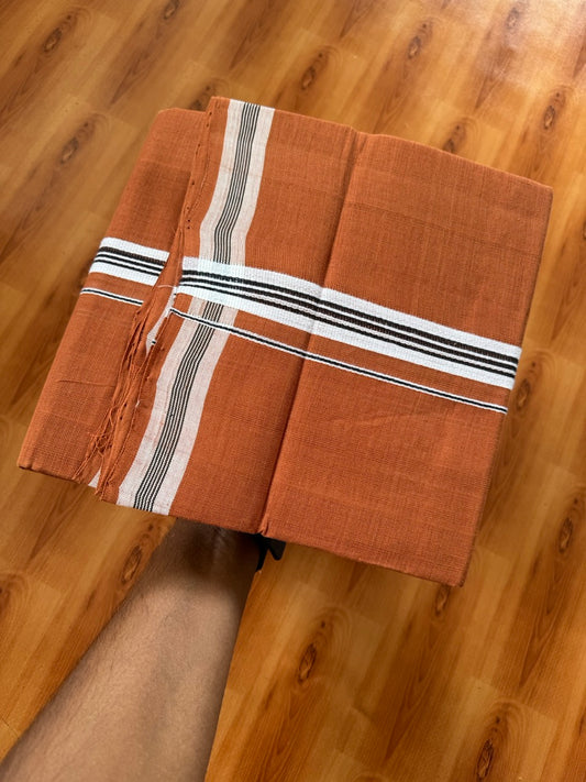 Kerala Handloom Single Kaily/Lungi - KaithariKada 100% Pure Cotton - 2/40s -1.25 Inch White & Black Stripes Kara With Kavi colour Body - (2 meter / 4 muzham) -3 KK8057 ELA