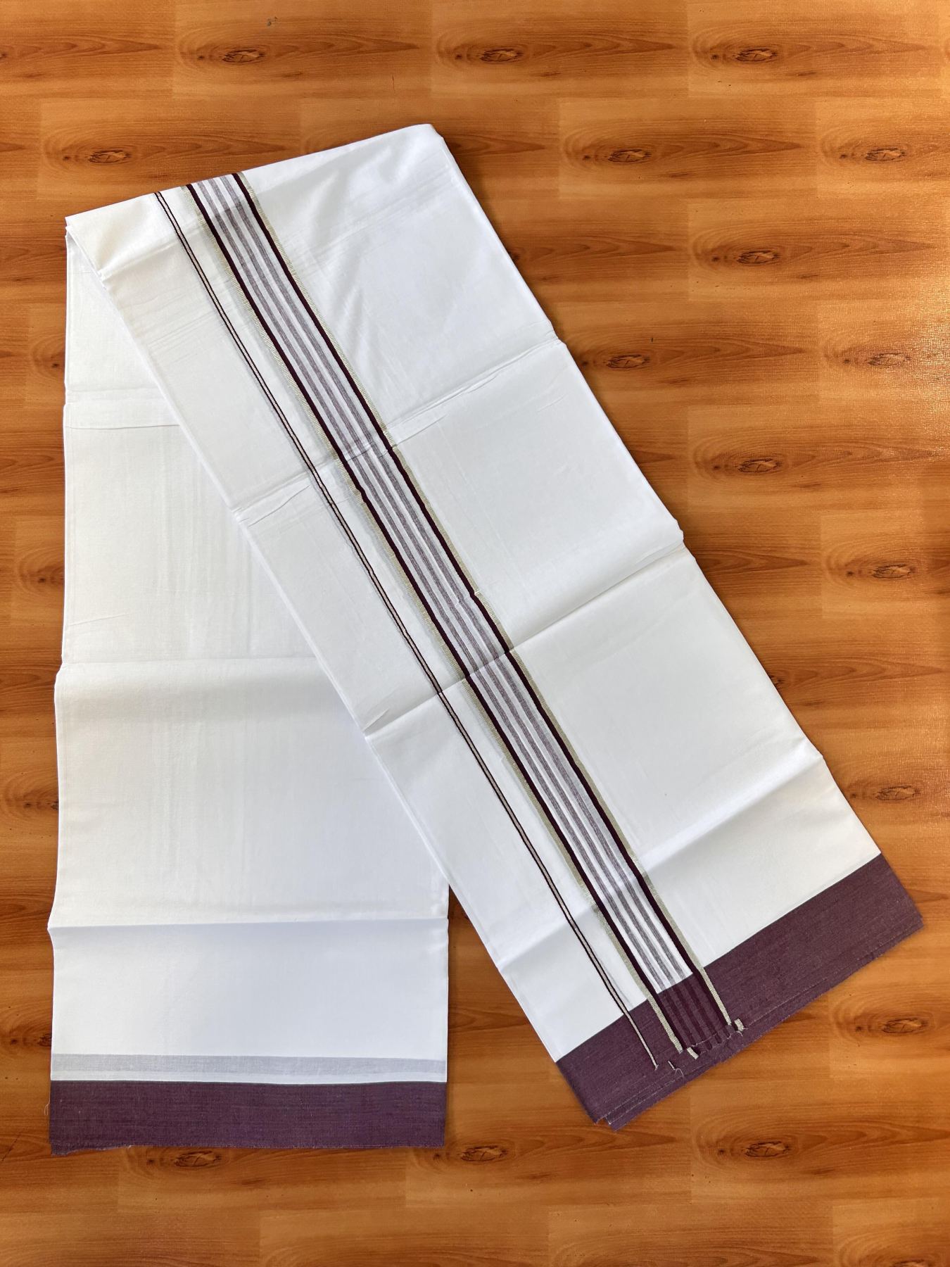 Pure White Double Mundu/Dhoti - 20% Discount ! Kaitharikada Balaramapuram 100% Cotton - 100x80 - 1.75 inch Silver Kasav & Dark Wine Shaded Striped Kara 3.90 m (8 muzham) - 41 KK5432 PMC
