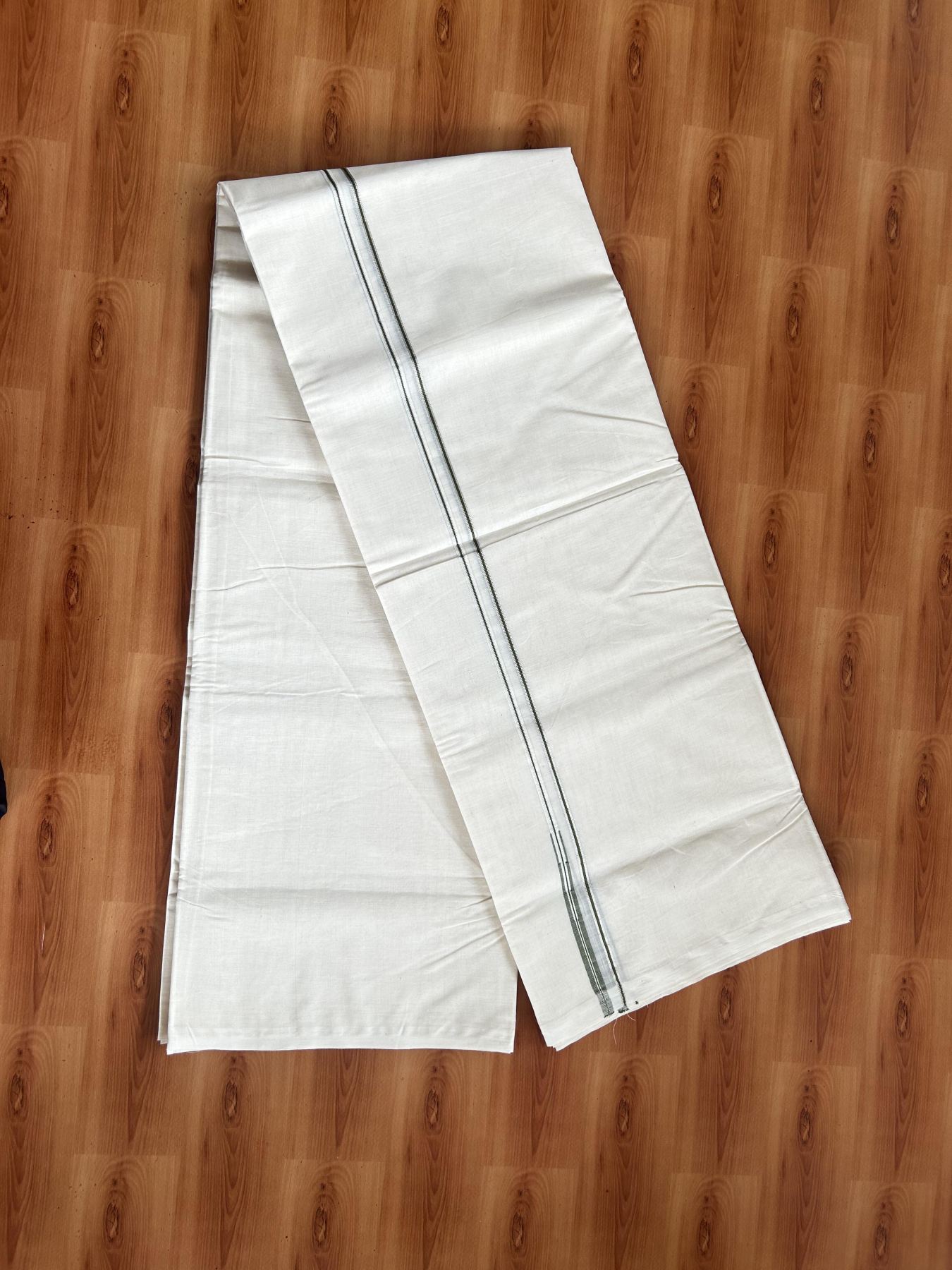 20% Discount! KaithariKada Balaramapuram 100% Cotton Double Off white Mundu/Dhoti- 100x100 - 0.2 cm Puliyilakkara Silver Kasav & Olive Green Chutty Kara 4 mtr (8.5 muzham) - 10 KK5392 ASH