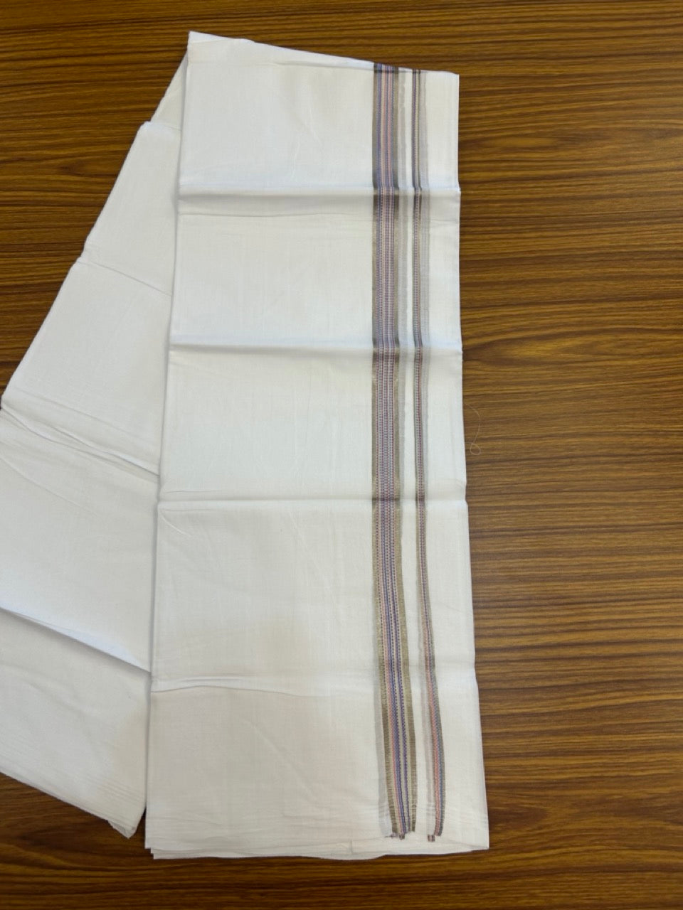 20% Discount ! Kaitharikada Balaramapuram 100% Cotton PURE WHITE Double Mundu/Dothi - 100x80 - 0.75 inch Silver Kasav &  Multi Colour Striped Kara 3.90 mtr (8 muzham) - 65 KK5294 THI