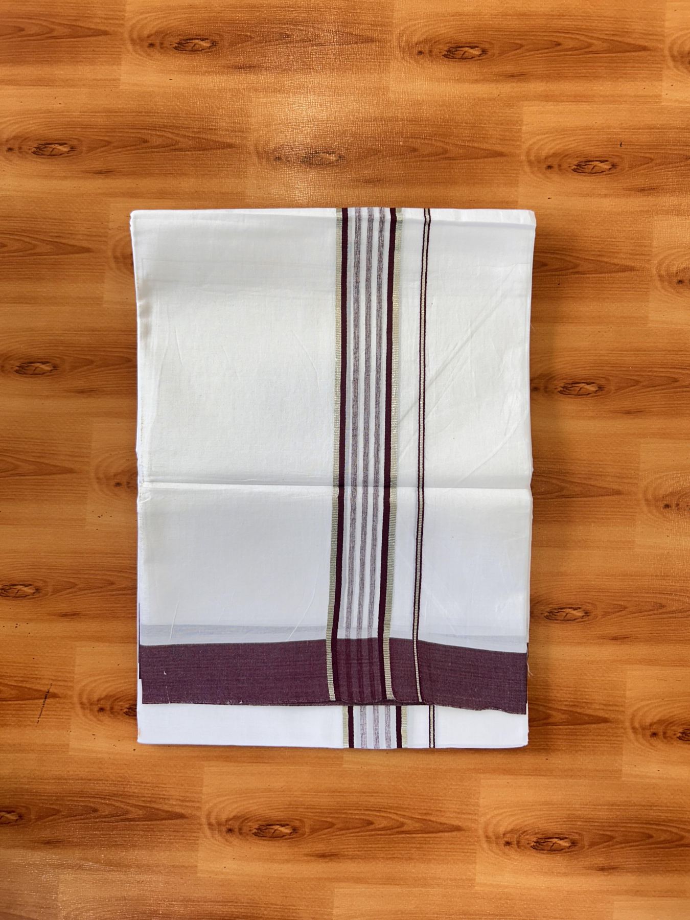 Pure White Double Mundu/Dhoti - 20% Discount ! Kaitharikada Balaramapuram 100% Cotton - 100x80 - 1.75 inch Silver Kasav & Dark Wine Shaded Striped Kara 3.90 m (8 muzham) - 41 KK5432 PMC
