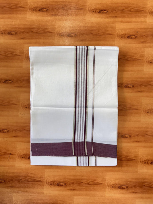 Pure White Double Mundu/Dhoti - 20% Discount ! Kaitharikada Balaramapuram 100% Cotton - 100x80 - 1.75 inch Silver Kasav & Dark Wine Shaded Striped Kara 3.90 m (8 muzham) - 41 KK5432 PMC