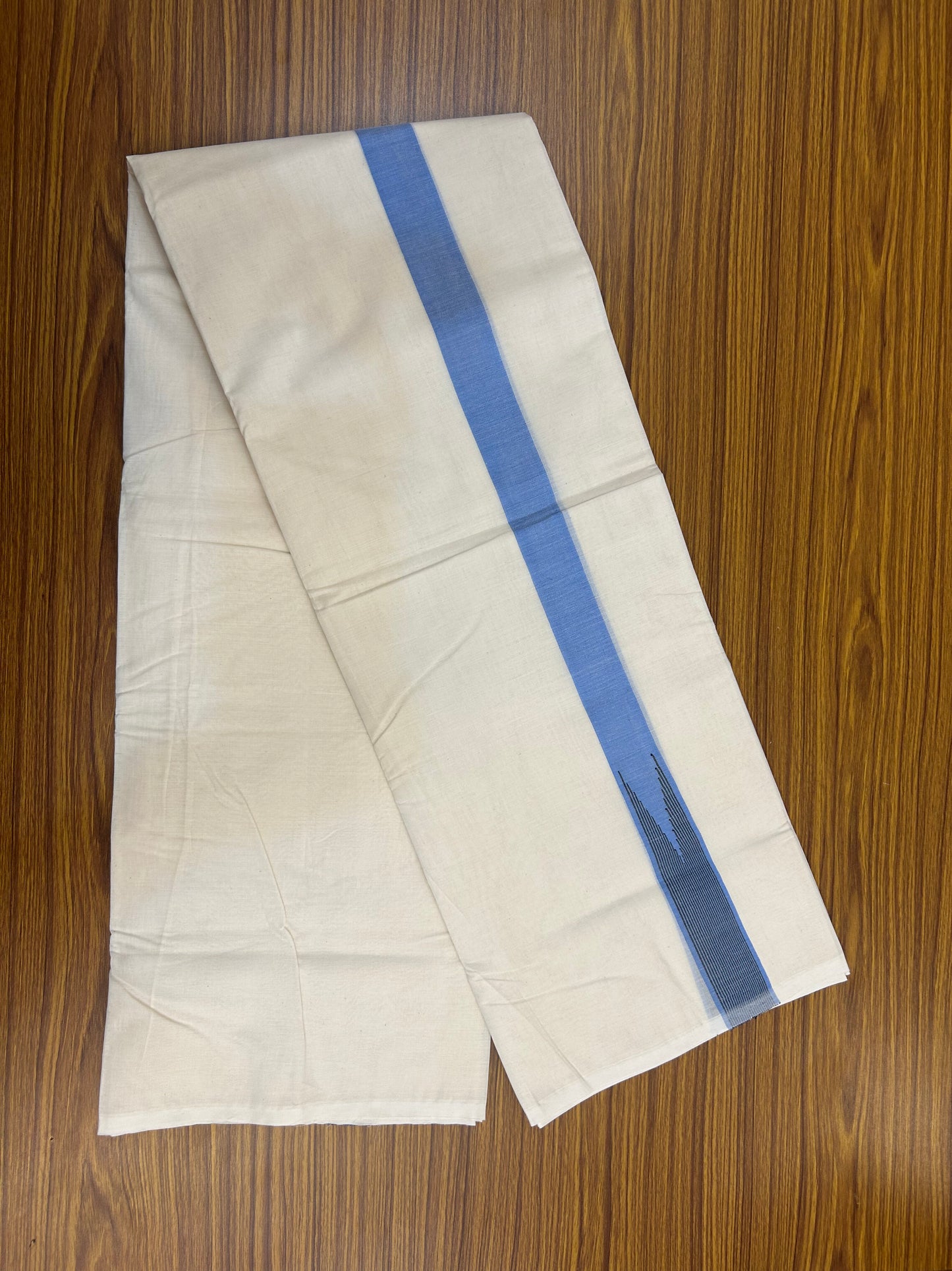 20% Discount ! KaithariKada 100% Cotton off white Double - (Unbleached) Mundu/Dhoti - 100X100 - 1.5 inch Puliyilakkara Light Blue & Black Striped Chutty kara - 4 mtr (8.5 muzham) - 9 KK5374 ASH