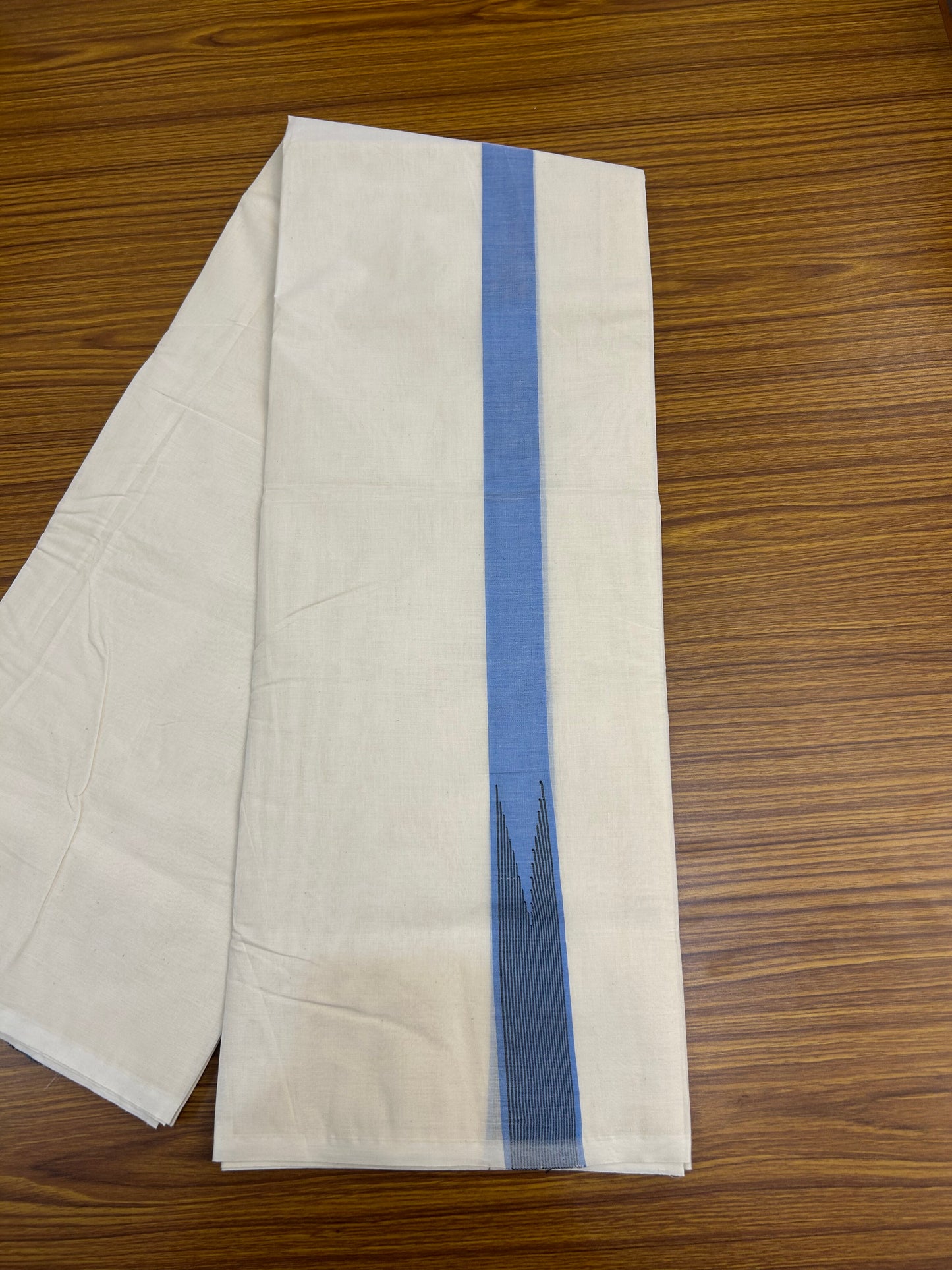 20% Discount ! KaithariKada 100% Cotton off white Double - (Unbleached) Mundu/Dhoti - 100X100 - 1.5 inch Puliyilakkara Light Blue & Black Striped Chutty kara - 4 mtr (8.5 muzham) - 9 KK5374 ASH