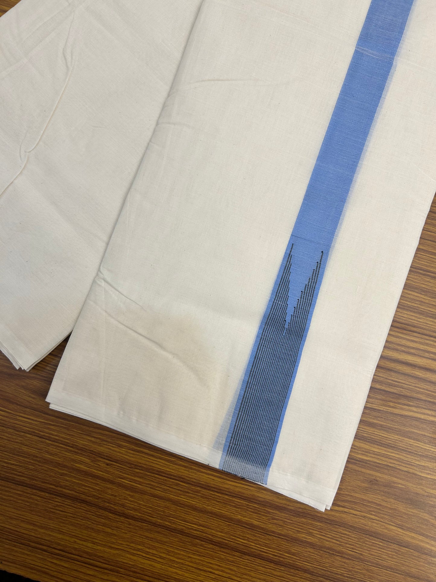 20% Discount ! KaithariKada 100% Cotton off white Double - (Unbleached) Mundu/Dhoti - 100X100 - 1.5 inch Puliyilakkara Light Blue & Black Striped Chutty kara - 4 mtr (8.5 muzham) - 9 KK5374 ASH