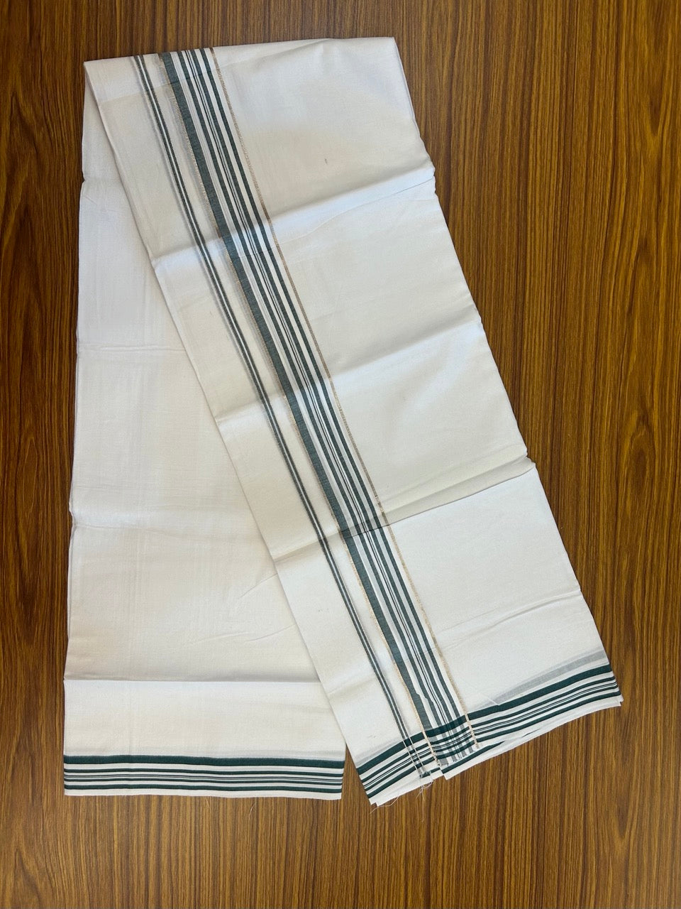 20% Discount ! Kaitharikada Balaramapuram 100% Cotton PURE WHITE Double Mundu/Dothi - 100x80 - 1.5 inch Silver Kasav & Green Shaded Striped Kara 3.90 mtr (8 muzham) - 39 KK5294 THI