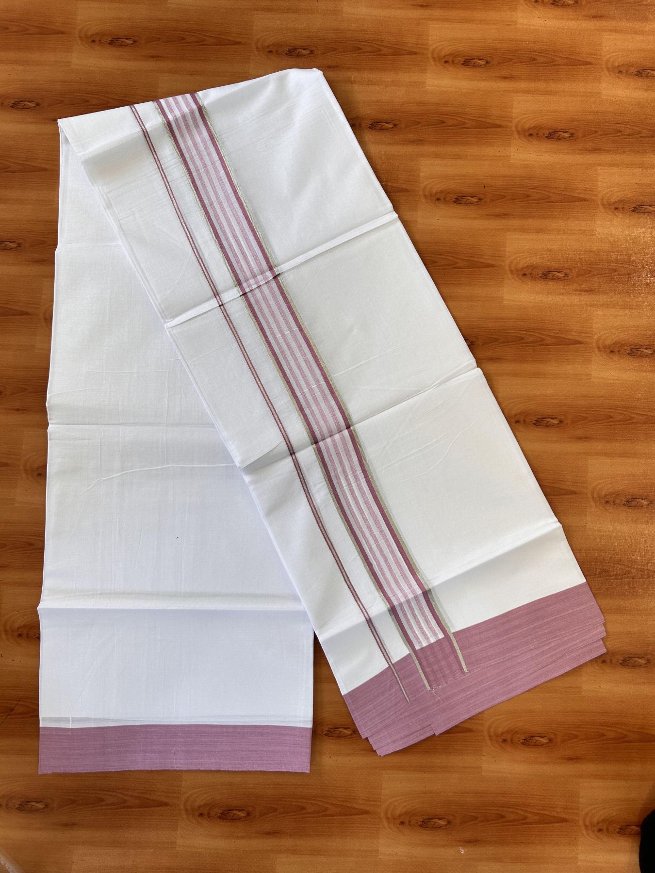 Pure White Double Mundu/Dhoti - 20% Discount ! Kaitharikada Balaramapuram 100% Cotton - 100x80 - 1.75 inch Silver Kasav & Pestel Pink Shaded Striped Kara 3.90 m (8 muzham) - 46 KK5432 PMC