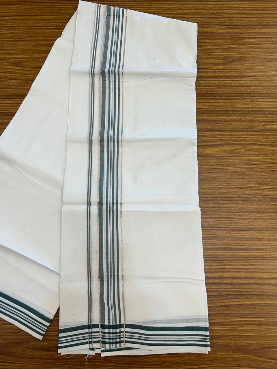 20% Discount ! Kaitharikada Balaramapuram 100% Cotton PURE WHITE Double Mundu/Dothi - 100x80 - 1.5 inch Silver Kasav & Green Shaded Striped Kara 3.90 mtr (8 muzham) - 39 KK5294 THI