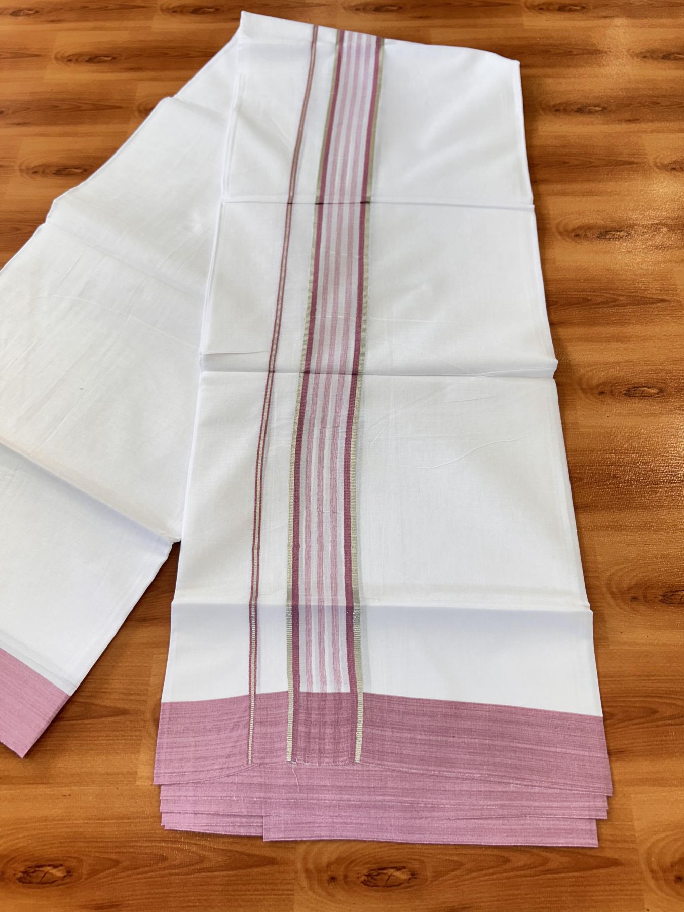 Pure White Double Mundu/Dhoti - 20% Discount ! Kaitharikada Balaramapuram 100% Cotton - 100x80 - 1.75 inch Silver Kasav & Pestel Pink Shaded Striped Kara 3.90 m (8 muzham) - 46 KK5432 PMC