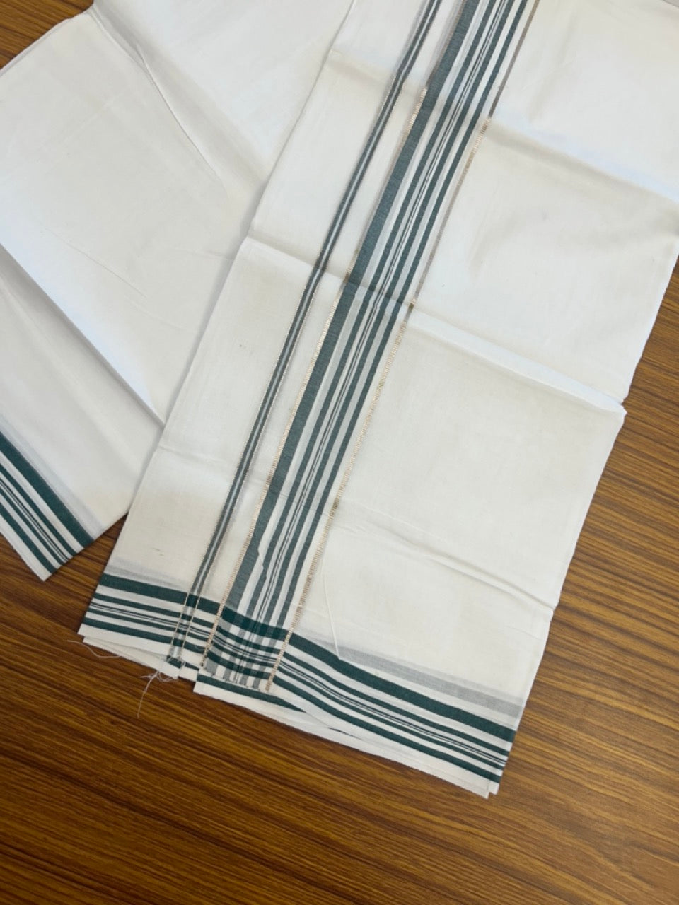 20% Discount ! Kaitharikada Balaramapuram 100% Cotton PURE WHITE Double Mundu/Dothi - 100x80 - 1.5 inch Silver Kasav & Green Shaded Striped Kara 3.90 mtr (8 muzham) - 39 KK5294 THI