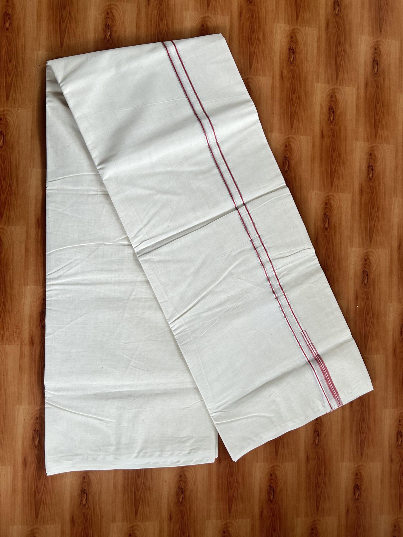 20% Discount! KaithariKada Balaramapuram 100% Cotton Double Off white Mundu/Dhoti- 100x100 - 0.2 cm Puliyilakkara Silver Kasav & Pinkish Red Chutty Kara 4 mtr (8.5 muzham) - 3 KK5392 ASH