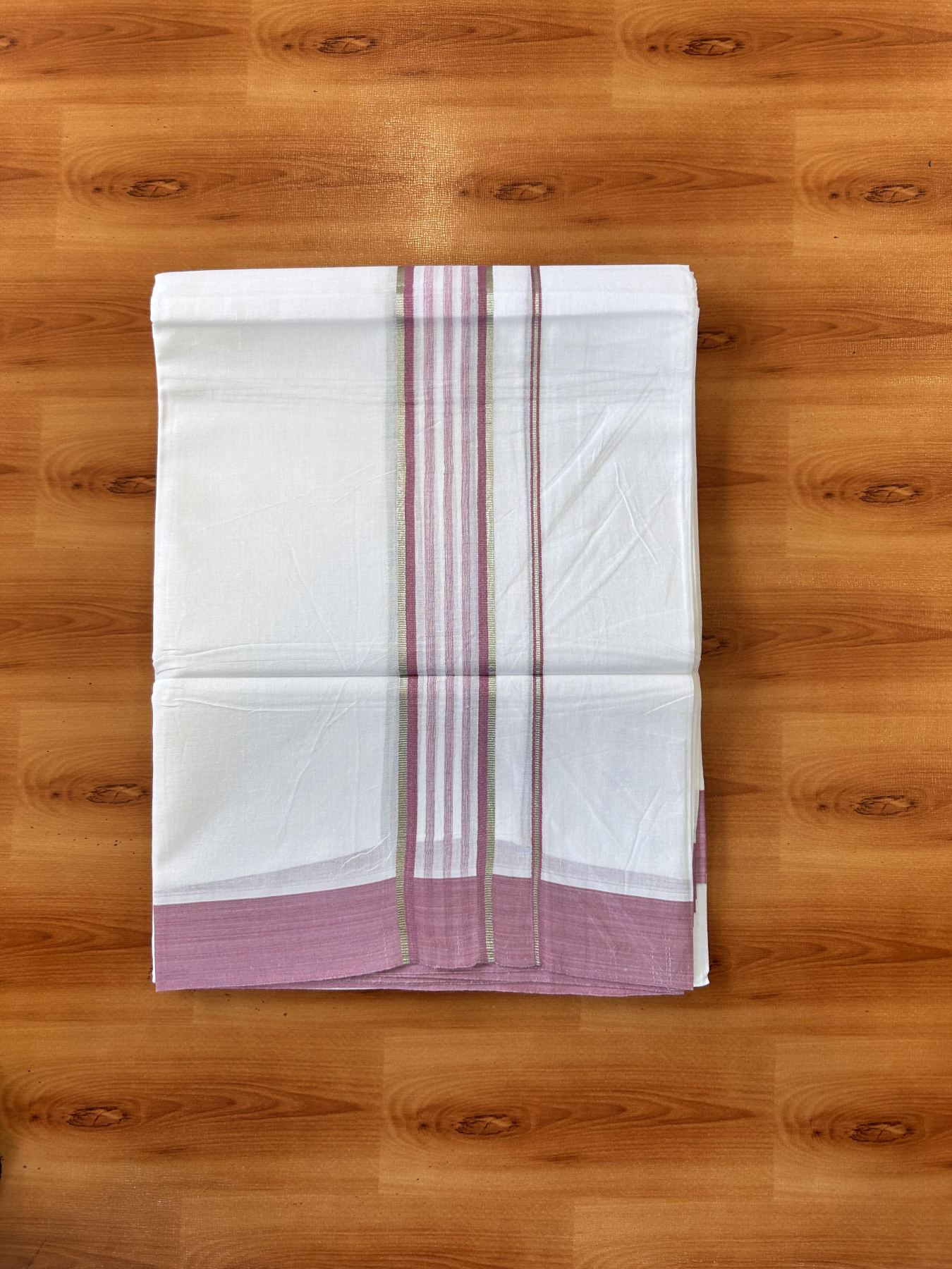 Pure White Double Mundu/Dhoti - 20% Discount ! Kaitharikada Balaramapuram 100% Cotton - 100x80 - 1.75 inch Silver Kasav & Pestel Pink Shaded Striped Kara 3.90 m (8 muzham) - 46 KK5432 PMC