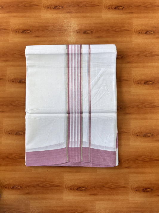 Pure White Double Mundu/Dhoti - 20% Discount ! Kaitharikada Balaramapuram 100% Cotton - 100x80 - 1.75 inch Silver Kasav & Pestel Pink Shaded Striped Kara 3.90 m (8 muzham) - 46 KK5432 PMC