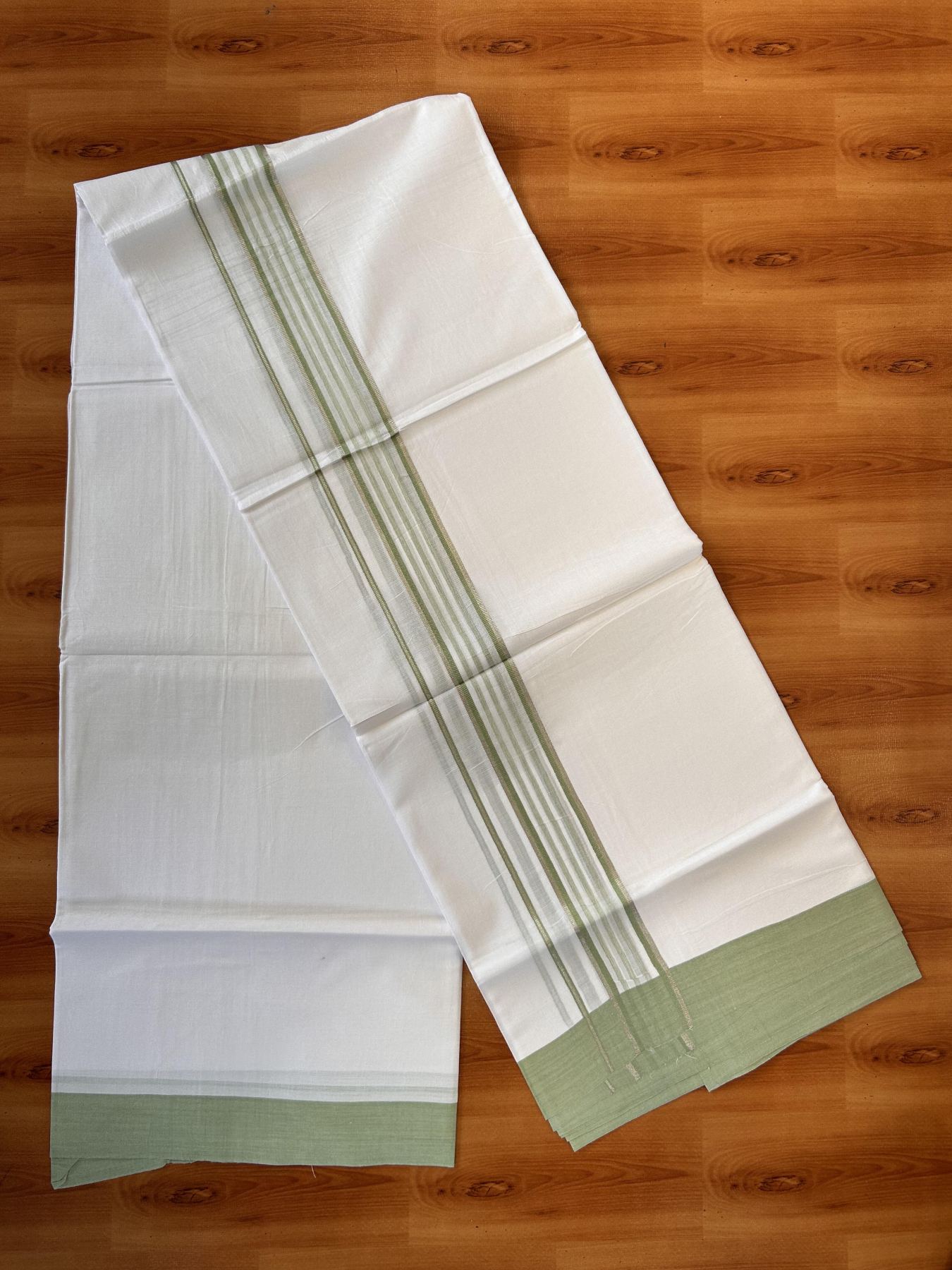 Pure White Double Mundu/Dhoti - 20% Discount ! Kaitharikada Balaramapuram 100% Cotton - 100x80 - 1.75 inch Silver Kasav & Light Green Shaded Striped Kara 3.90 m (8 muzham) - 34 KK5432 PMC