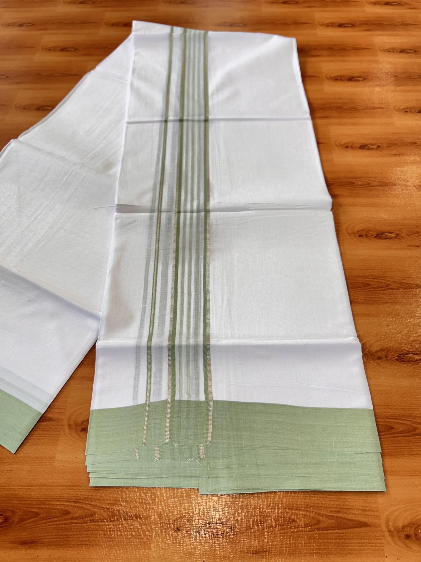 Pure White Double Mundu/Dhoti - 20% Discount ! Kaitharikada Balaramapuram 100% Cotton - 100x80 - 1.75 inch Silver Kasav & Light Green Shaded Striped Kara 3.90 m (8 muzham) - 34 KK5432 PMC