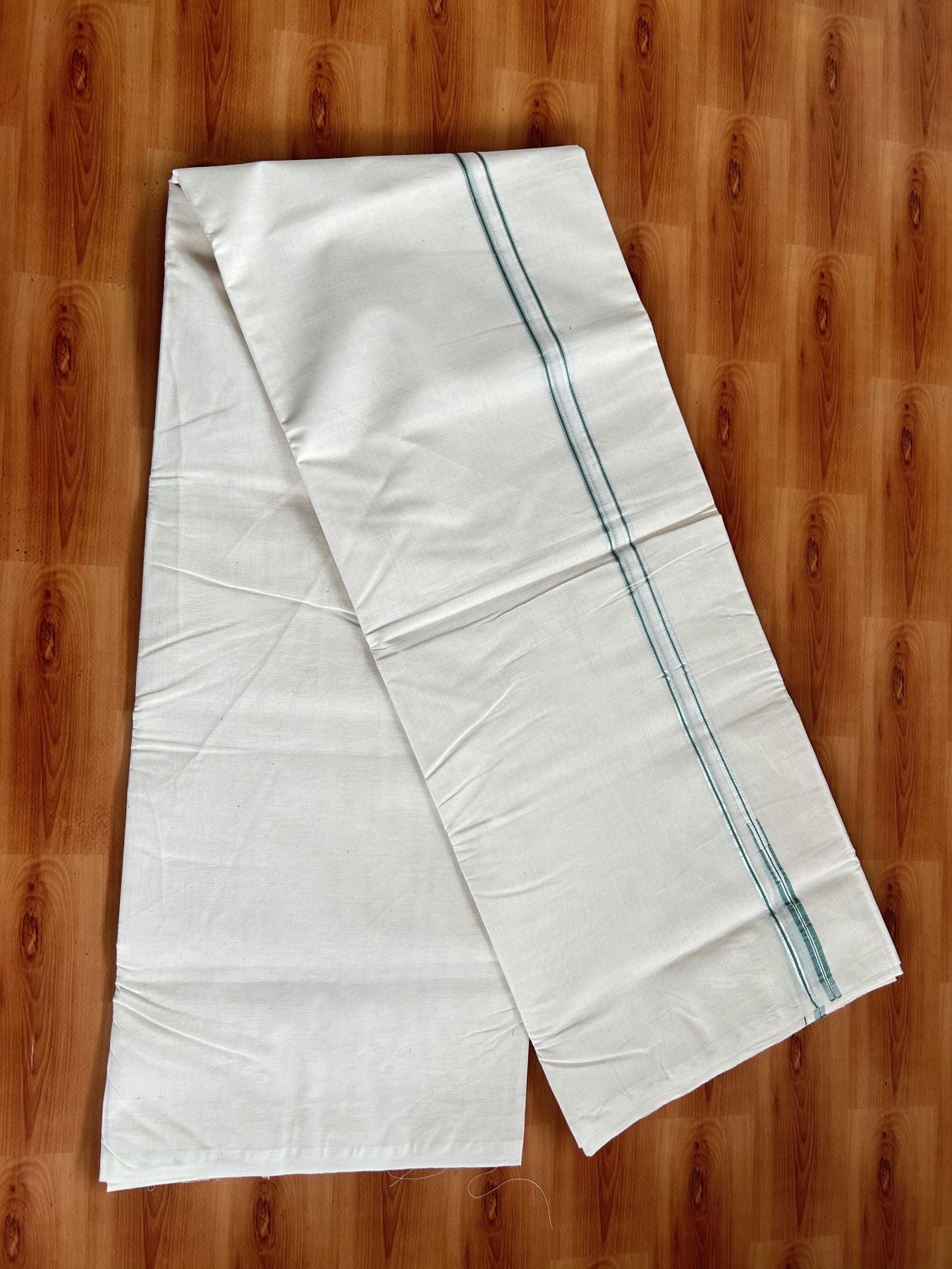 20% Discount! KaithariKada Balaramapuram 100% Cotton Double Off white Mundu/Dhoti- 100x100 - 0.2 cm Puliyilakkara Silver Kasav & Emarald Green Chutty Kara 4 mtr (8.5 muzham) - 4 KK5392 ASH