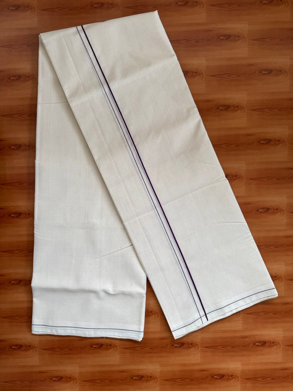 Double Off White (Unbleached)  Mundu/Dhoti- 25% Discount KaithariKada Handloom Unakkupaav - Kerala Handloom - 100% Pure Cotton (80x90 - 0.2 cm Violet Thin Kara 3.80 mtr (8 muzham) - 7 KK8057 ELA