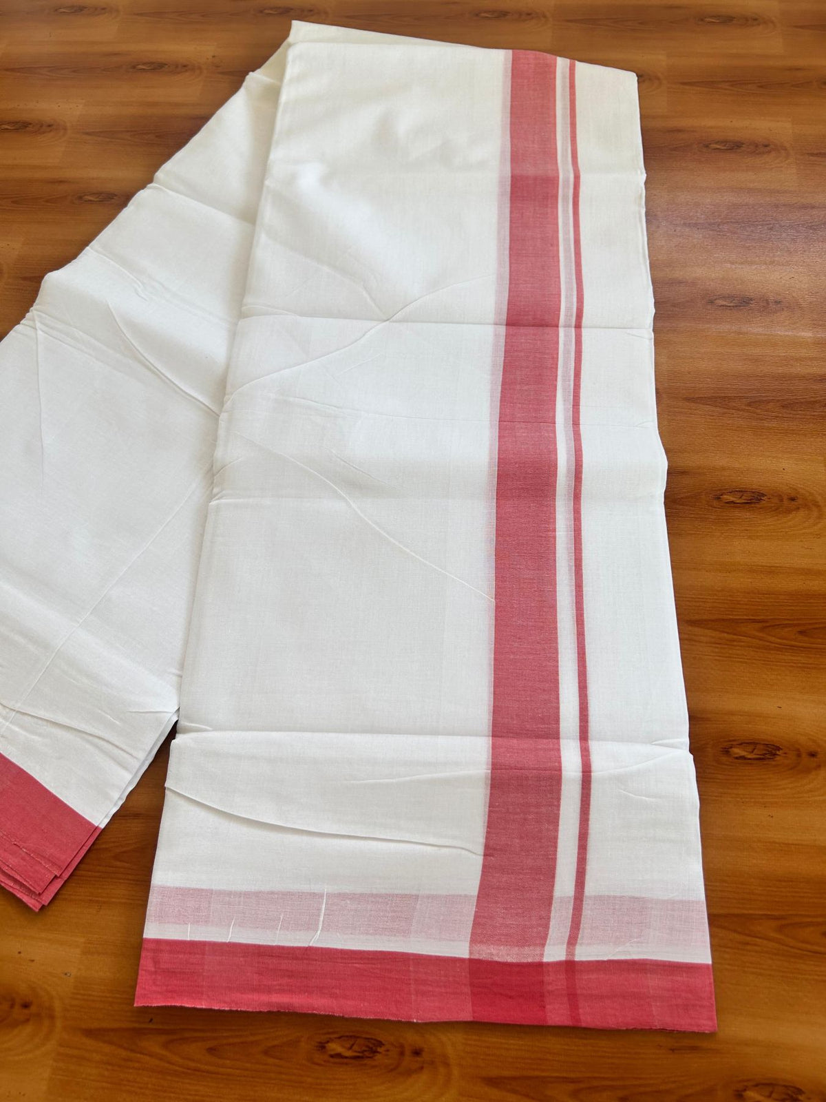 Double Pure White 25% Discount ! KaithariKada Handloom Millpaav - Kerala Handloom - 100% Pure Cotton - 80x90 - 1.25 inch Dark Coral Shaded Kara 3.90 mtr (8.36 Muzham) - 37 KK5496 YAR