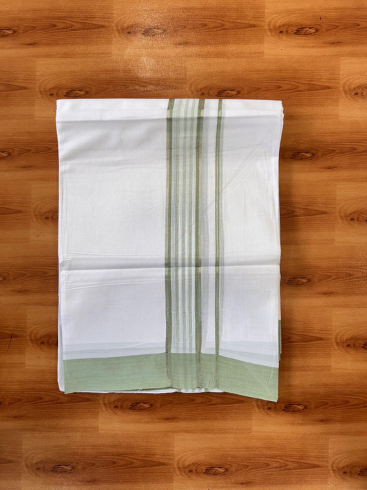 Pure White Double Mundu/Dhoti - 20% Discount ! Kaitharikada Balaramapuram 100% Cotton - 100x80 - 1.75 inch Silver Kasav & Light Green Shaded Striped Kara 3.90 m (8 muzham) - 34 KK5432 PMC