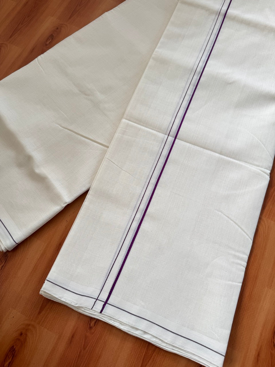 Double Off White (Unbleached)  Mundu/Dhoti- 25% Discount KaithariKada Handloom Unakkupaav - Kerala Handloom - 100% Pure Cotton (80x90 - 0.2 cm Violet Thin Kara 3.80 mtr (8 muzham) - 7 KK8057 ELA