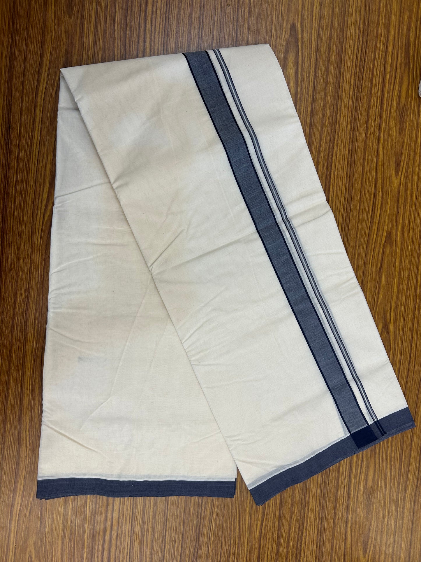 20% Discount !! KaithariKada Balaramapuram 100% Cotton Double Off White - (Unbleached) Mundu/Dhoti-100X100 - 1.25 inch Navy Blue Shaded Kara (4.50 meter / 9.64 muzham) - 15 KK5374 ASH