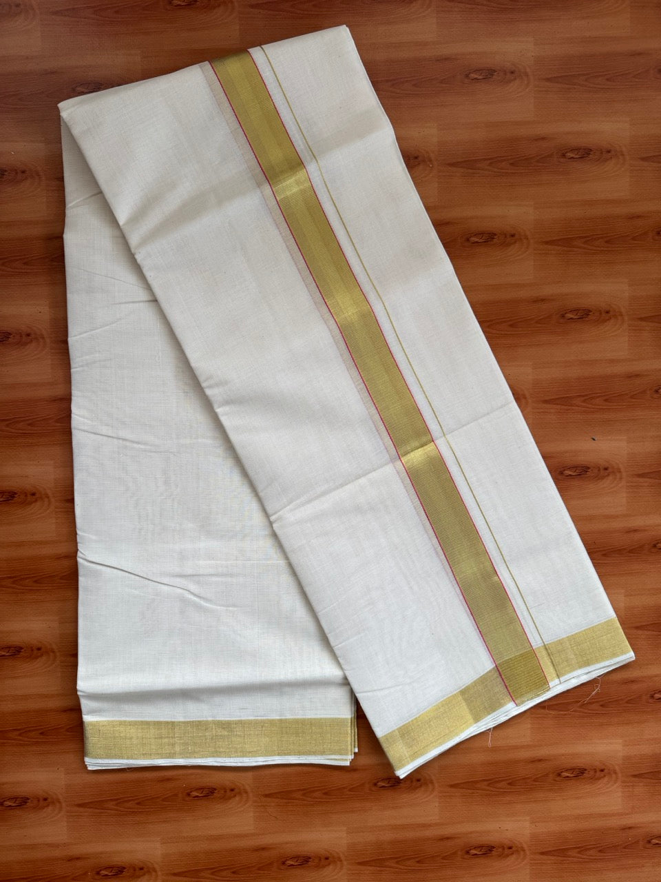 Double Off White (Unbleached)  Mundu/Dhoti- 25% Discount KaithariKada Handloom Unakkupaav - Kerala Handloom - 100% Pure Cotton (80x90) - 1.25 Inch Gold Kasav & Magenta Kara 3.80 mtr (8 muzham) - 6 KK8057 ELA