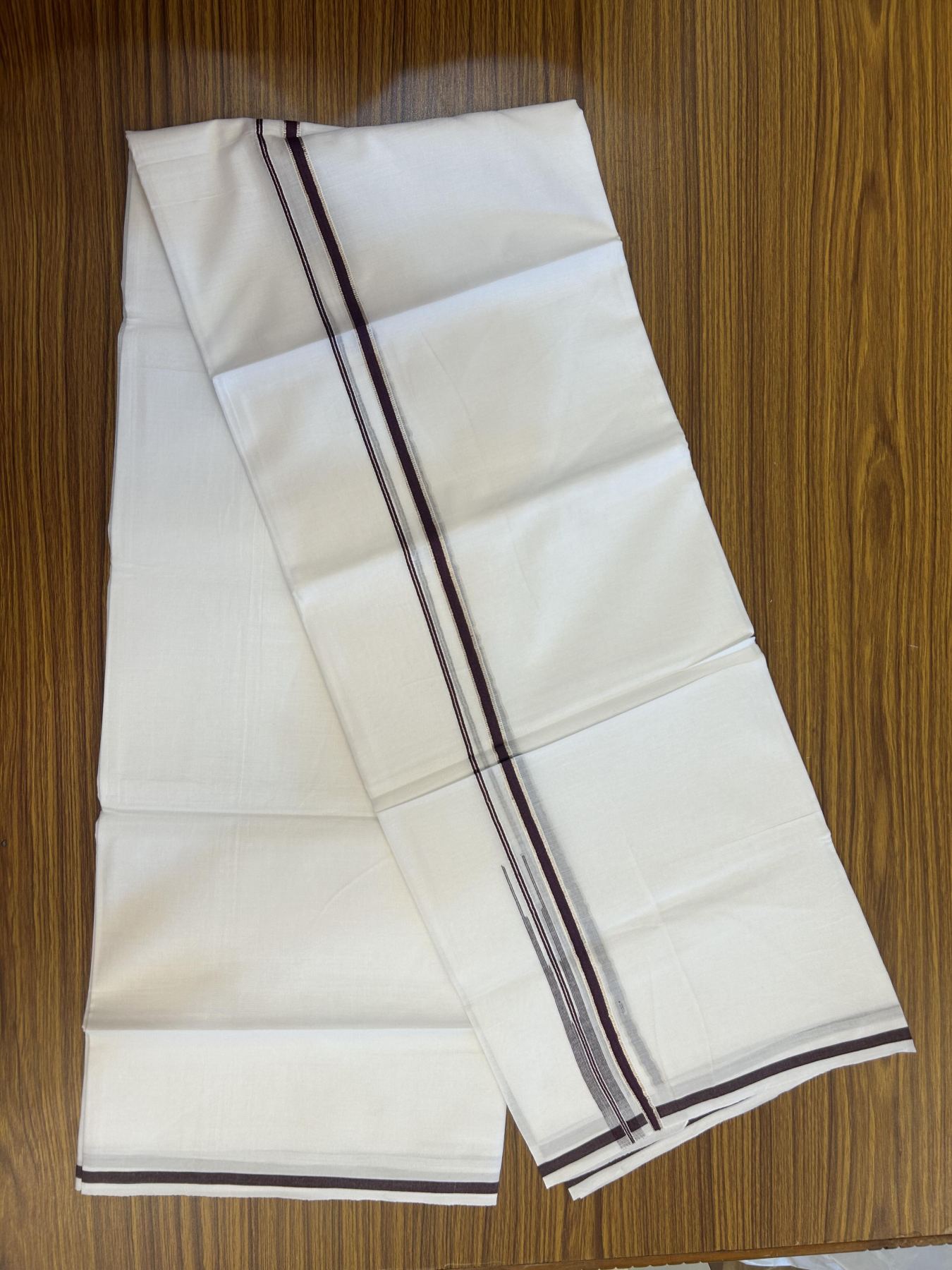 20% Discount!! Kaitharikada Balaramapuram 100% Pure Cotton Pure White Double Mundu/Dothi - 100x80 - 1 cm Wine Purple & Silver Kasav Puliyilakkara Chutty 3.90 m (8 muzham) - 7 KK5356 VAS