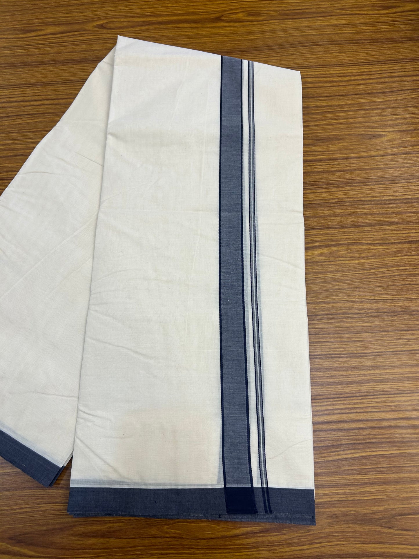 20% Discount !! KaithariKada Balaramapuram 100% Cotton Double Off White - (Unbleached) Mundu/Dhoti-100X100 - 1.25 inch Navy Blue Shaded Kara (4.50 meter / 9.64 muzham) - 15 KK5374 ASH