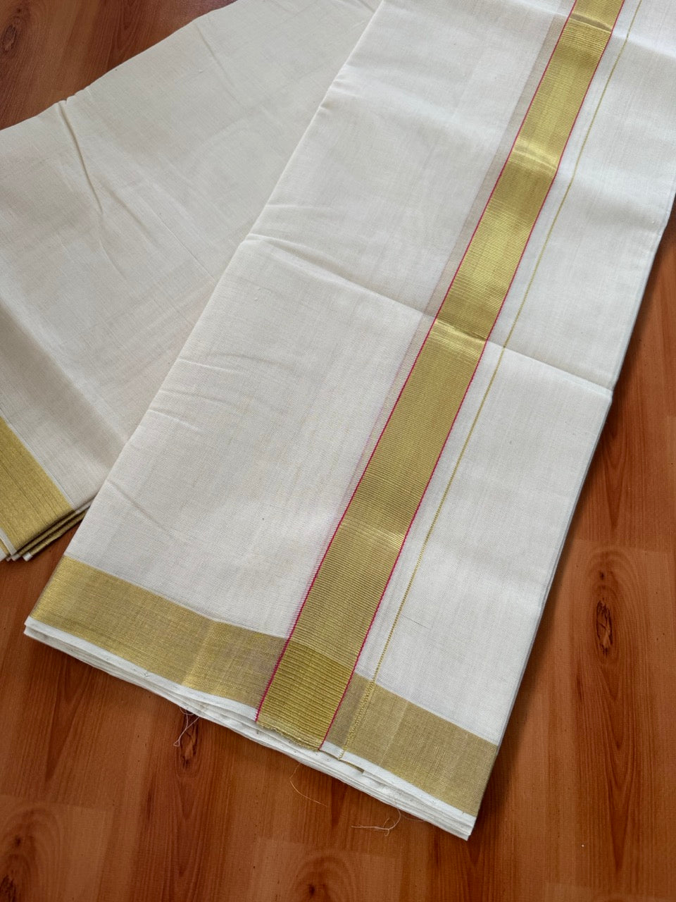 Double Off White (Unbleached)  Mundu/Dhoti- 25% Discount KaithariKada Handloom Unakkupaav - Kerala Handloom - 100% Pure Cotton (80x90) - 1.25 Inch Gold Kasav & Magenta Kara 3.80 mtr (8 muzham) - 6 KK8057 ELA