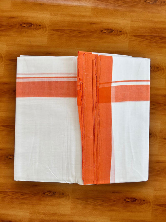 Double Pure White 25% Discount ! KaithariKada Handloom Millpaav - Kerala Handloom - 100% Pure Cotton - 80x90 - 1.25 inch Orange Shaded Kara 3.90 mtr (8.36 Muzham) - 39 KK5496 YAR