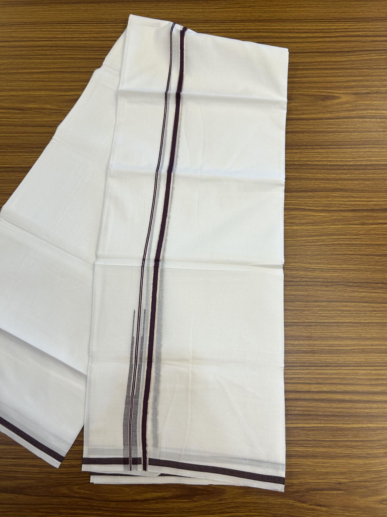 20% Discount!! Kaitharikada Balaramapuram 100% Pure Cotton Pure White Double Mundu/Dothi - 100x80 - 1 cm Wine Purple & Silver Kasav Puliyilakkara Chutty 3.90 m (8 muzham) - 7 KK5356 VAS