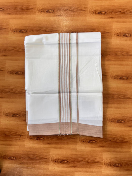 Pure White Double Mundu/Dhoti - 20% Discount ! Kaitharikada Balaramapuram 100% Cotton - 100x80 - 1.75 inch Silver Kasav & Dusty Peach Shaded Striped Kara 3.90 m (8 muzham) - 44 KK5432 PMC