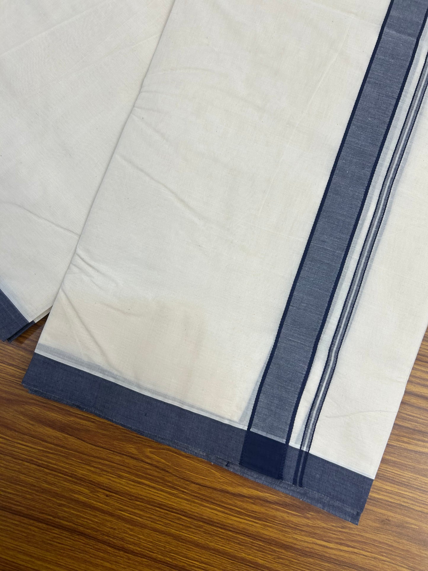 20% Discount !! KaithariKada Balaramapuram 100% Cotton Double Off White - (Unbleached) Mundu/Dhoti-100X100 - 1.25 inch Navy Blue Shaded Kara (4.50 meter / 9.64 muzham) - 15 KK5374 ASH