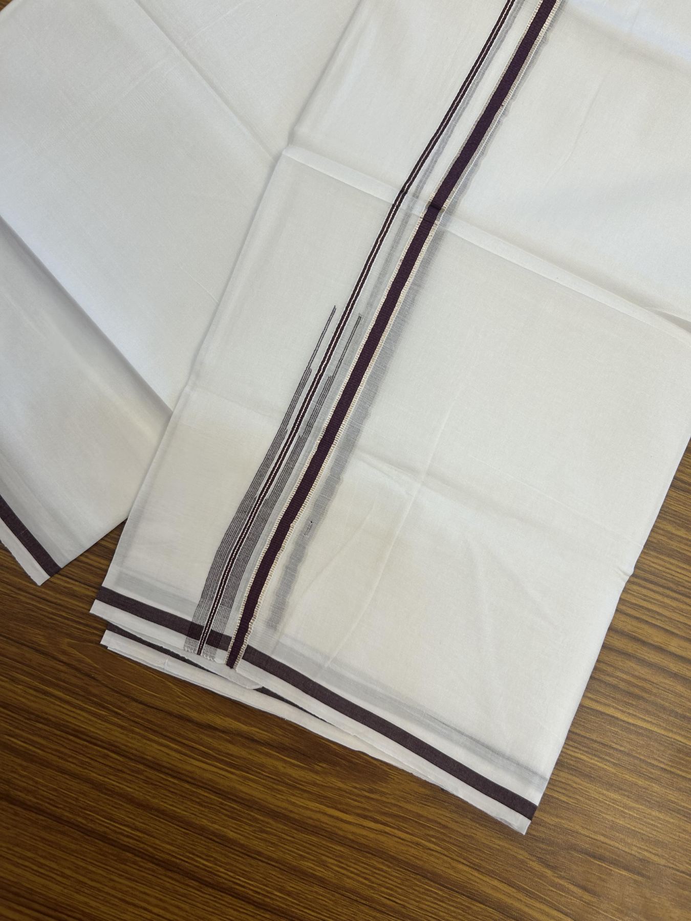 20% Discount!! Kaitharikada Balaramapuram 100% Pure Cotton Pure White Double Mundu/Dothi - 100x80 - 1 cm Wine Purple & Silver Kasav Puliyilakkara Chutty 3.90 m (8 muzham) - 7 KK5356 VAS