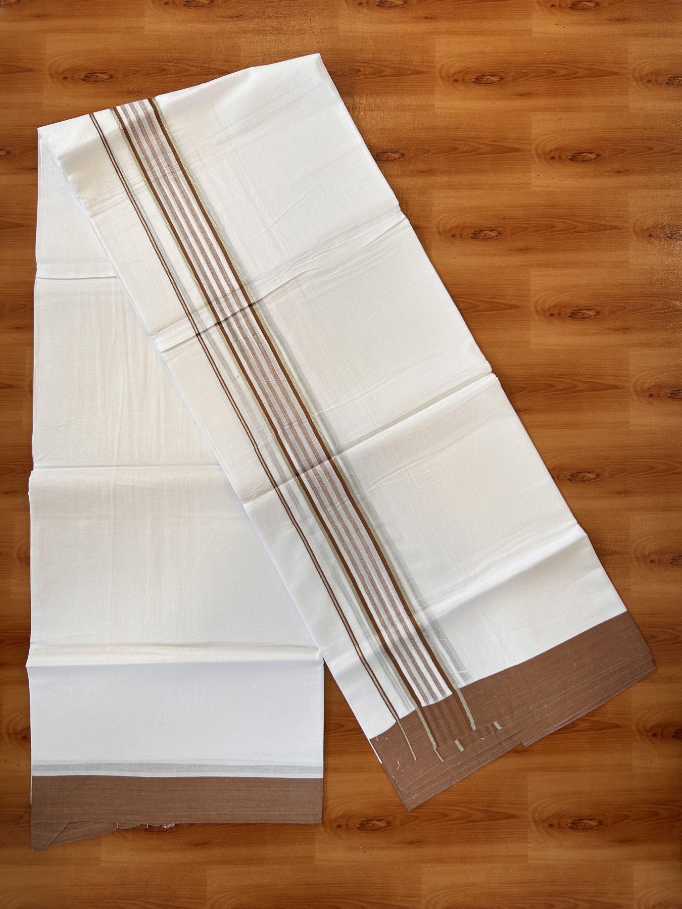 Pure White Double Mundu/Dhoti - 20% Discount ! Kaitharikada Balaramapuram 100% Cotton - 100x80 - 1.75 inch Silver Kasav & Brown Shaded Striped Kara 3.90 m (8 muzham) - 40 KK5432 PMC