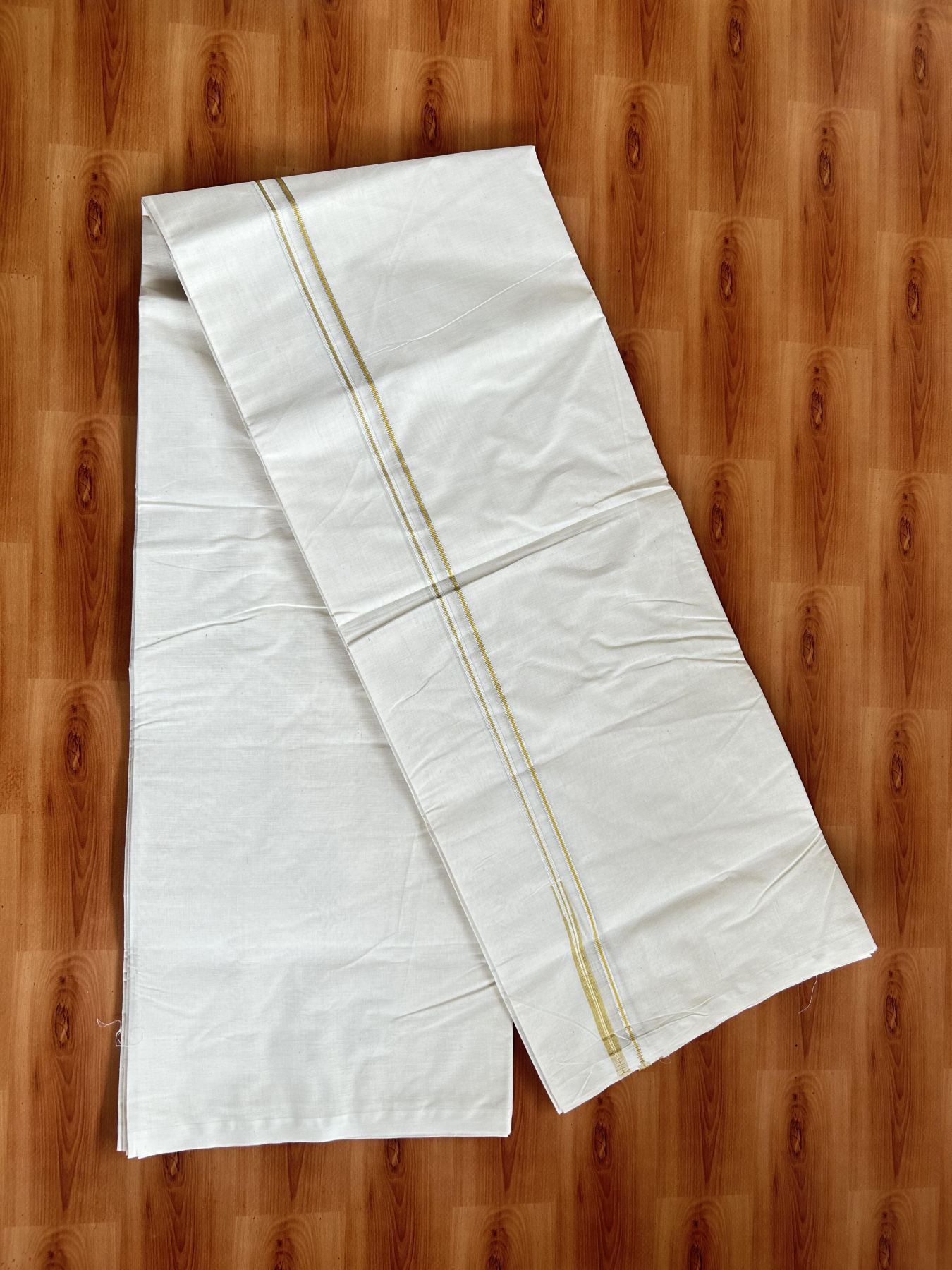 20% Discount! KaithariKada Balaramapuram 100% Cotton Double Off white Mundu/Dhoti- 100x100 - 0.2 cm Puliyilakkara Silver Kasav & Yellow Chutty Kara 4 mtr (8.5 muzham) - 6 KK5392 ASH