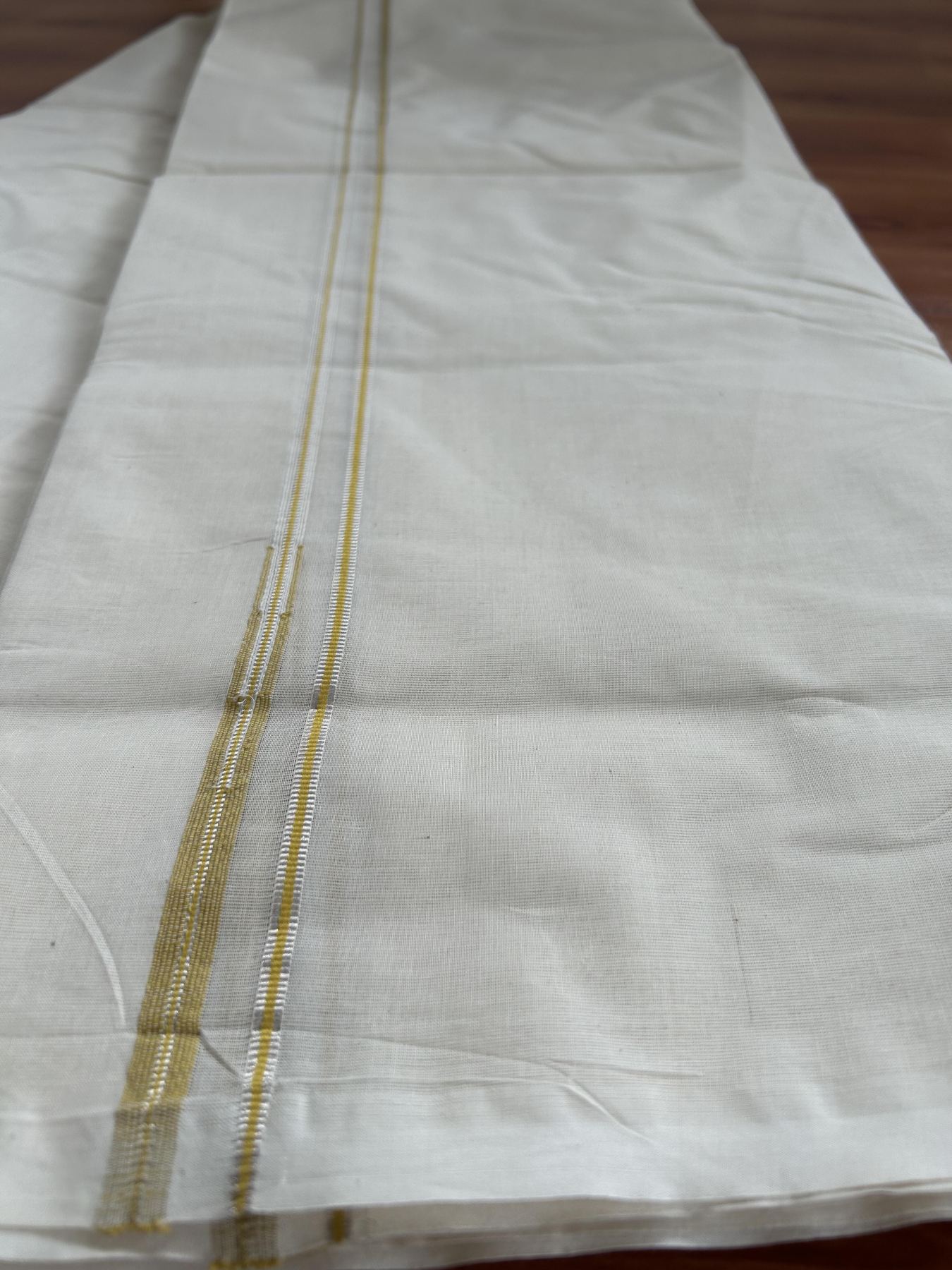 20% Discount! KaithariKada Balaramapuram 100% Cotton Double Off white Mundu/Dhoti- 100x100 - 0.2 cm Puliyilakkara Silver Kasav & Yellow Chutty Kara 4 mtr (8.5 muzham) - 6 KK5392 ASH