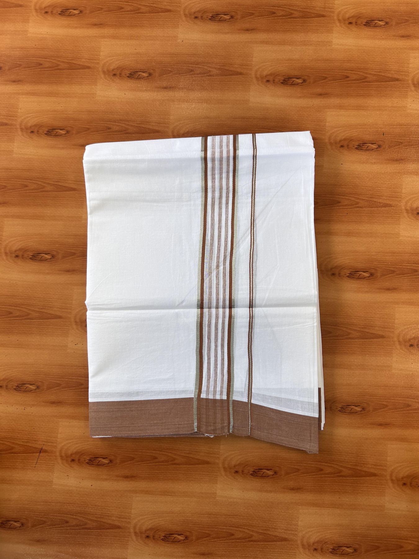 Pure White Double Mundu/Dhoti - 20% Discount ! Kaitharikada Balaramapuram 100% Cotton - 100x80 - 1.75 inch Silver Kasav & Brown Shaded Striped Kara 3.90 m (8 muzham) - 40 KK5432 PMC